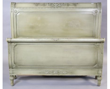 A continental-style light grey painted wooden bedstead, 138cm wide, lacking side rails. 