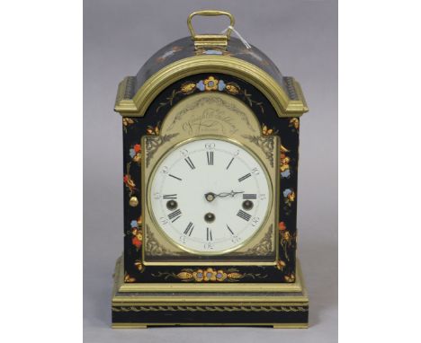 A modern regency-style bracket clock by Knight &amp; Gibbins of London, in a black lacquered chinoiserie decorated case, 30cm