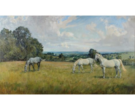 LIONEL DALHOUSE EDWARDS (1878-1966) Three mares, Myrobella, Mombasa and Joyce at the National Stud, Sandley Stud, Dorset oil 