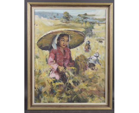 I FANTZI (b.1931 INDONESIA) Women working in a paddy field, oil on canvas, signed, gallery labels verso, 55cm x 42cm