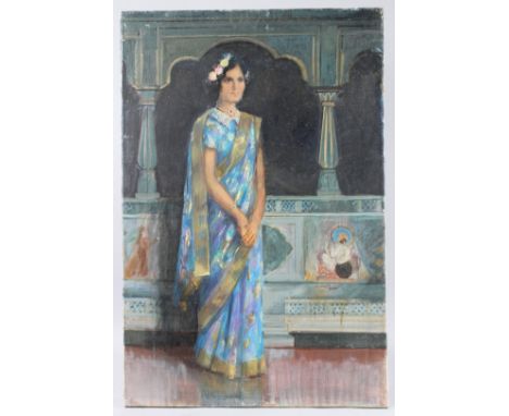 MODERN BRITISH SCHOOL (20TH CENTURY) Portrait of a lady wearing a sari and floral headdress, standing before a painted balust