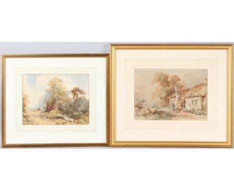 ENGLISH SCHOOL (19TH CENTURY) View of cottages on a lane, watercolour, 22cm x 31cm and another watercolour of a woman cooking