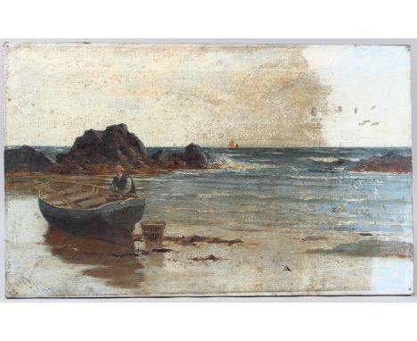 RICHARD WANE (1852-1904) Seascape with fisherman and boat on the beach, oil on canvas, unframed, signed, 41cm x 66cm