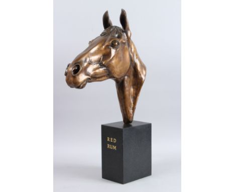 MAUREEN M COATMAN (1919-2005) A large patinated cast bronze bust of the racehorse Red Rum, on black marble plinth, with gold 