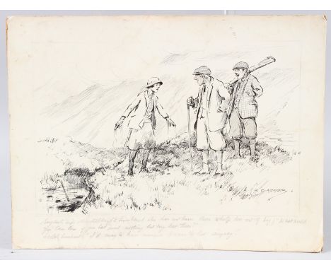 GEORGE DENHOLM ARMOUR scene showing an English wife and Scottish husband, pen and ink drawing, signed, with humorous caption 