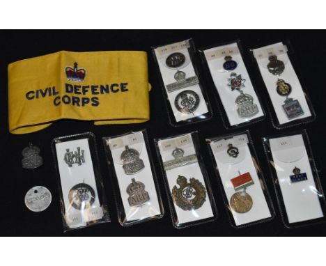 Militaria, World War Two: Civil Defence Corps armband; various ARP and Home Guard badges, on with ARP Services box; Royal Eng