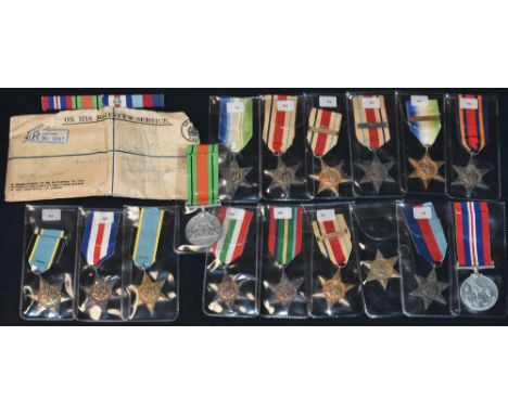 Medals, World War Two: 1939-1945 War Medal, ribbon en suite; 1939-1945 Defence Medal, ribbon en suite; 1939-1945 Stars, ribbo