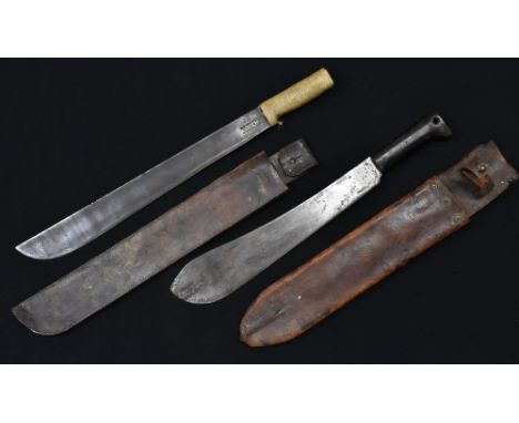 A US made machete, by Frye, dated 1943 for the British army, brown leather scabbard marked for the Cossipore Arsenal and date