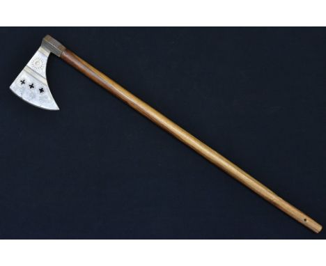 An unusual Indian fighting axe,15cm socket head pierced with cross and sunburst and inlaid with brass and red enamel, 68.5cm 