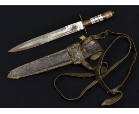 A Middle Eastern dagger, 24cm blade etched with stylised leaves and mark, hardwood grip inlaid with mother of pearl lozenges,