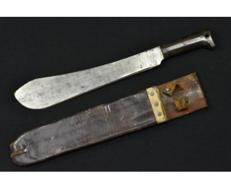 A World War II American machete, by Legitimus Collins & Co, 37.5cm blade, two-piece grip, no. 1250, dated 1940, leather scabb