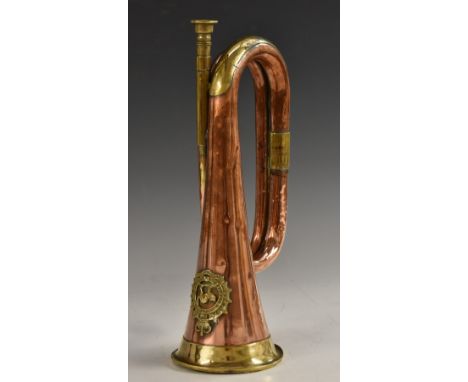 World War I - Canadian Army - a copper and brass bugle, applied with the insignia of the Ontario Regiment, 29.5cm long, c.191