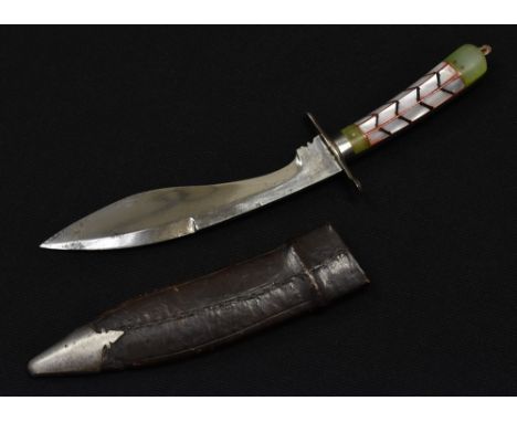 A jade and mother of pearl hilted kukri, steel mounted leather scabbard