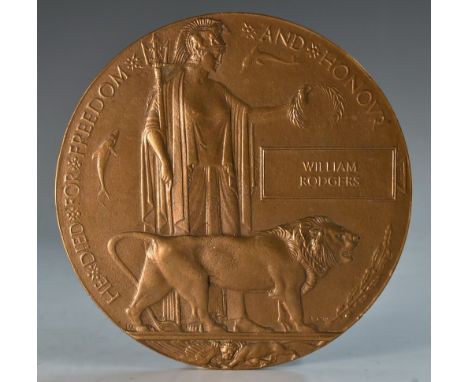 Militaria - a World War I death plaque, named to William Rodgers,  12cm diam, c.1918 William Rogers, Kings Own Yorkshire Ligh