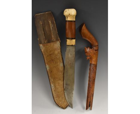 A Colonial dagger or utility knife, 23cm machete type blade, bone and hardwood hilt, 35.5cm long overall, leather scabbard; a