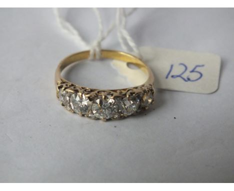 18CT GOLD FIVE STONE DIAMOND RING in carved mount  (with diamond points two edges – one point missing) Approx. size Q 3.7g in