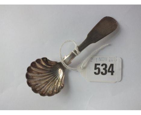 Newcastle Georgian fiddle pattern caddy spoon with shell bowl, 1823 by JB 8g.         