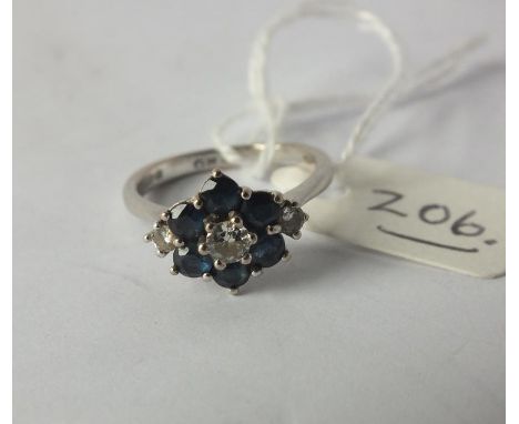 Nine stone diamond and sapphire cluster ring, set in 18ct.white gold, sixe K 3.8g