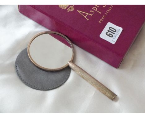 Asprey’s small mirror with engine turned handle, 5” long import mark          