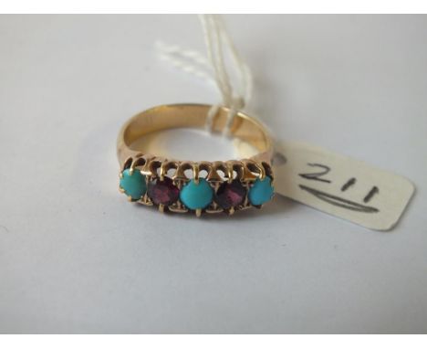 Five stone turquoise and garnet half hoop ring, set in gold (unmarked) ize Q 3.6gm