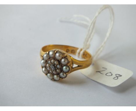 Diamond and pearl antique cluster ring, set in 22ct. 1882 size S - 6g.  
