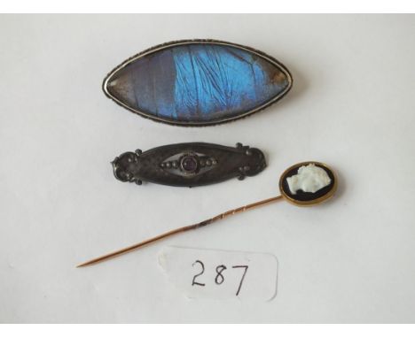 Art Deco butterfly wing brooch, a hard stone stick pin plus a brooch  