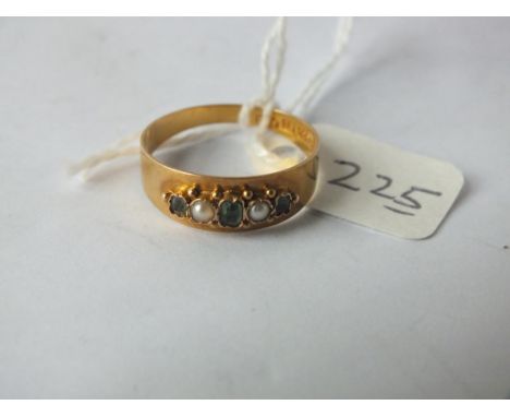 Antique 15ct. gold ring with five emerald coloured and pearl stones, B'Ham 1875