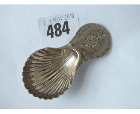 Georgian bright cut caddy spoon with shell bowl, 2.75” long    