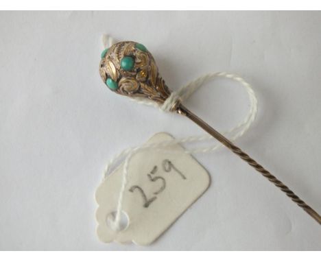 Antique engraved gold turquoise stick pin      