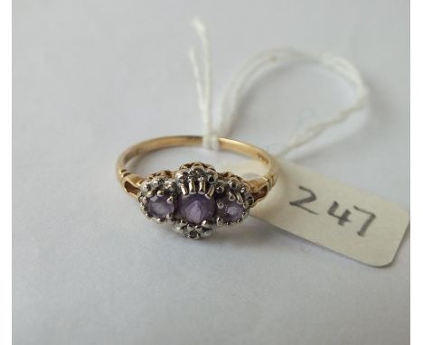Amethyst diamond triple cluster ring, set in 9ct.  size P     