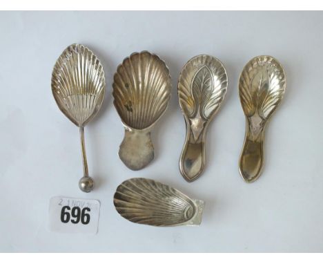 Group of five caddy spoons, one Shef 1791 by NS &amp; Co, the others plate         