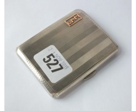 Good quality engine turned cigarette case with yellow metal decoration, 3” high B’ham 1926 by D &amp; F 70g.     