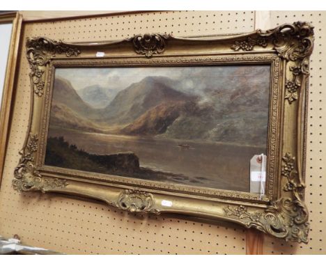 Possibly GEORGE DUNLOP LESLIE RA (1835 - 1921) oil on canvas view of 'Loch Katrine', with figures in boat and mountains beyon