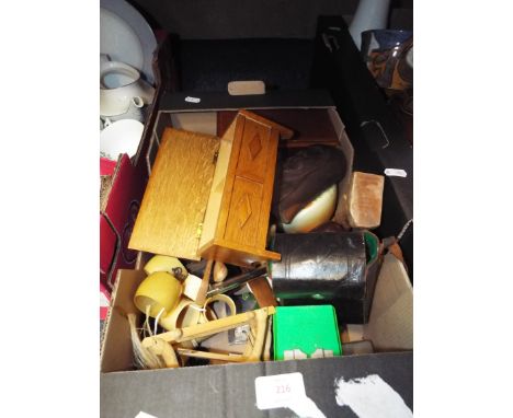 A selection of items to include plated cigarette and stamp cases, a lighter in the form of a golf club, carved figures, napki