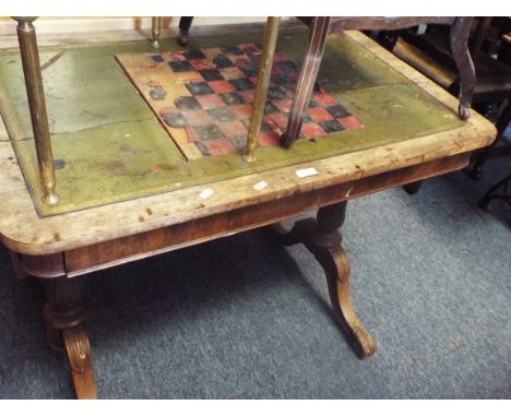 A Victorian rosewood desk with tooled green leather insert converted with inset chess board over two frieze drawers, raised o