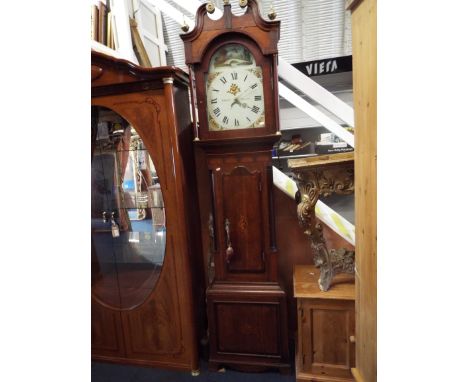 A Victorian inlaid oak cased longcase clock the enamelled dial with Roman numerals, hand-painted with river scene with bridge