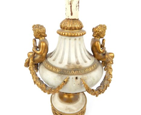 An early 19th century grey marble and ormolu candlestick (later converted to an electric lamp), the marble carved in the form