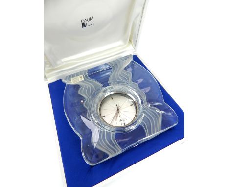 A good Daum of France abstract form glass mantle clock, with etched signature, bearing original paper label, with blue felt l