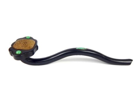 A Chinese hardwood, possibly ebony ruyi scepture set with a carved jadeite / jade carved panel and turquoise, 31cm long