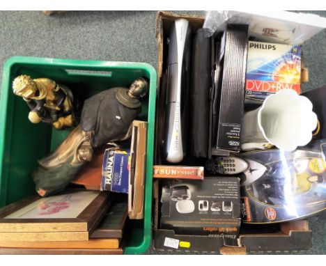 Two boxes containing a mixed lot to include Masai figures, framed prints, Star Trek figure entitled Sulu, Babyliss Quick Lift
