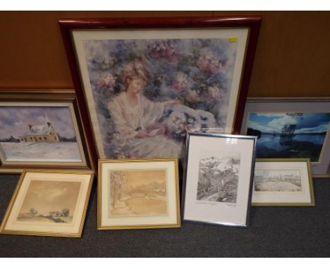 A good lot of seven framed pictures to include a print of a lady surrounded by flowers, a print of Loch Garten RSPB, a print 