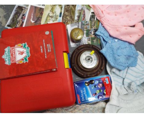 A good mixed lot to include postcards, a barometer, a Liverpool FC limited edition collectables, a Meccano set and a quantity