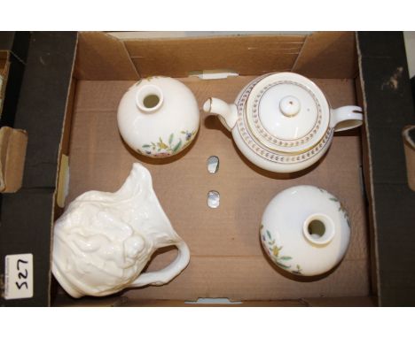 A mixed collection of items to include: Minton small teapot, Haddon Hall vases and Minton embossed jug. 