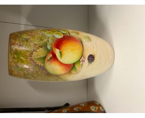 Unmarked pottery vase hand decorated with fruit: Signed J Reed (ex Royal Worcester), height of vase 25cm