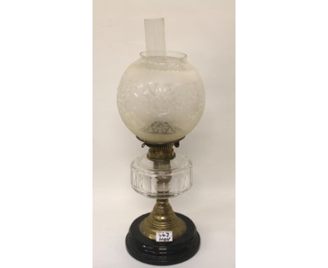 Vintage brass and glass oil lamp: with shade and chimney, height 54cm. 