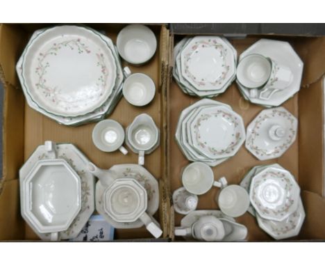 A large collection of Johnsons Brothers Eternal Bow: to include dinner plates, flan dish, bowls, cups, teapot, open veg dish 