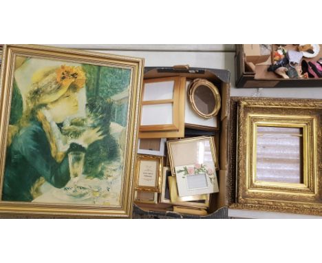 A framed print: together with an ornate gilt wood and gesso frame, plus a tray of modern frames in mixed styles and sizes. 