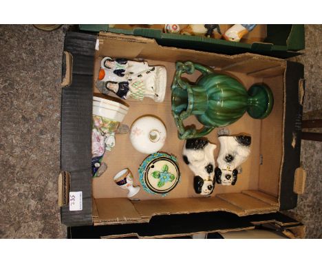 A mixed collection of items to include: Staffordshire type figures, Art Nouveau shaped vase etc. 