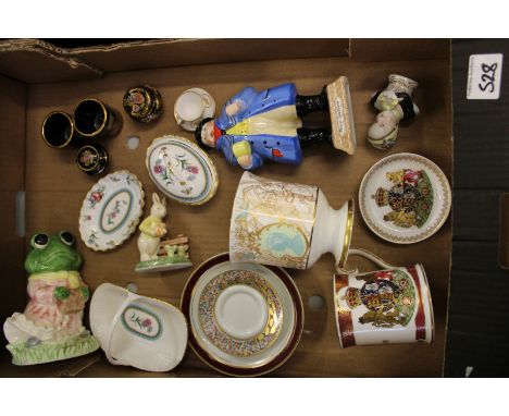 A mixed collection of items to include: Spode miniature cup and saucer, commemorative jugs and tankards etc. 