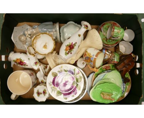 A mixed collection of items to include: Royal Albert Old country rose buds vases, bell, lidded box, japanese cups and saucers